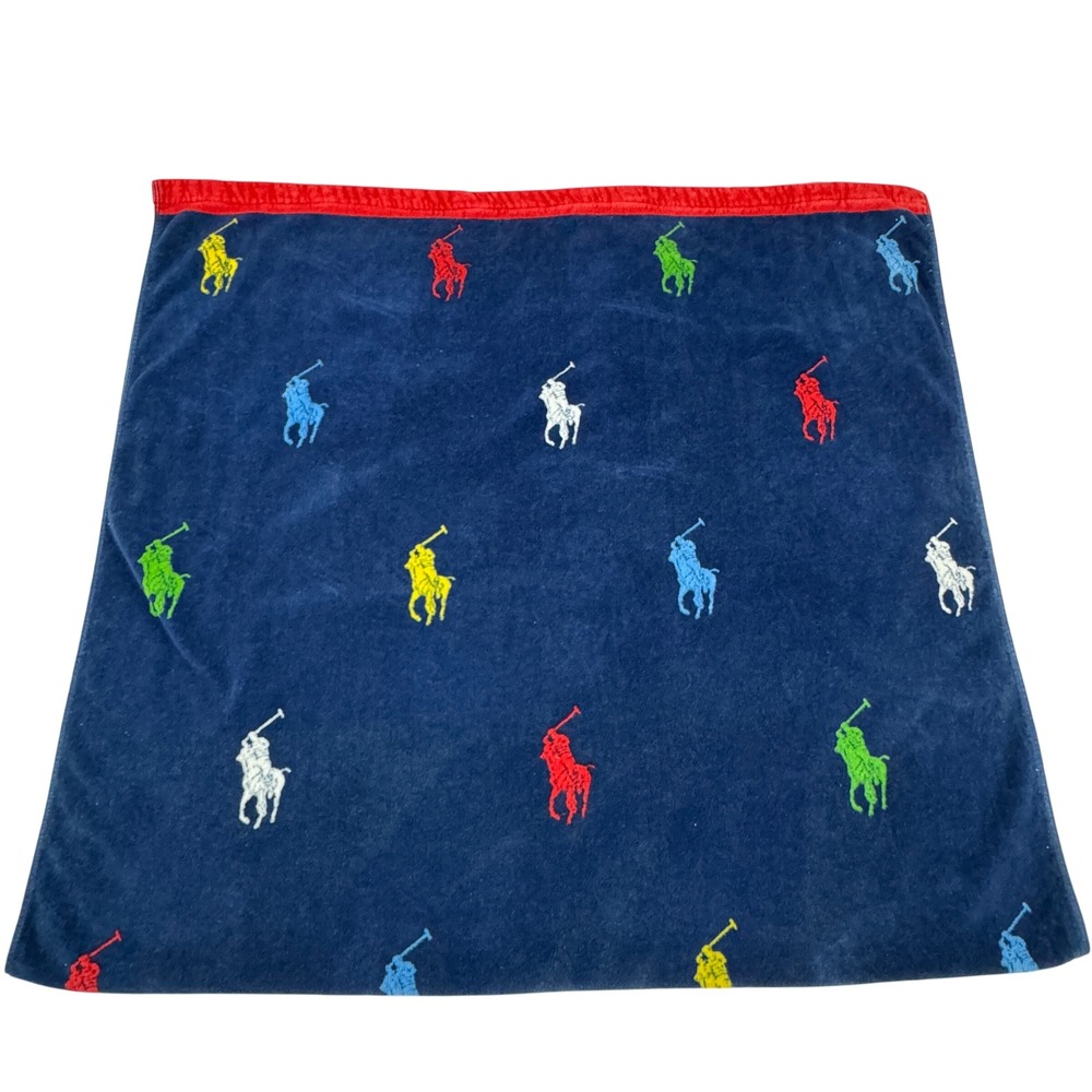 Polo Ralph Lauren Large Beach Towel Navy Blue Multi Color Pony Logo Cotton 33x62